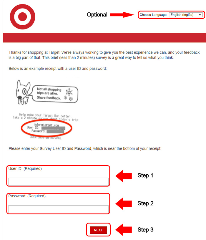 screenshot of target survey page